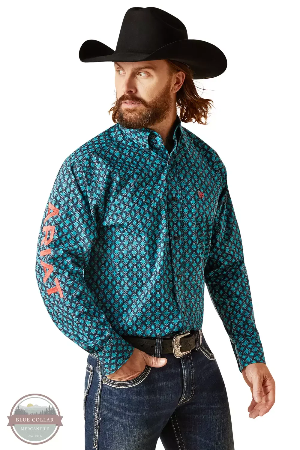 Ariat Men's Team Case Fitted Long Sleeve In Turquoise Geo Print Shirt