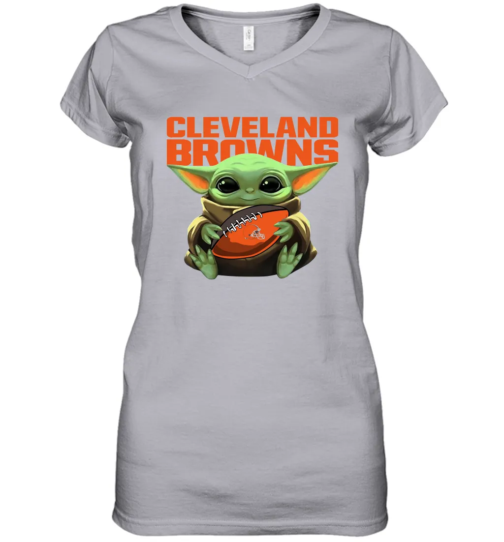 Baby Yoda Loves The Cleveland Browns Star Wars Baby Yoda Hugs Browns NFL Womens V-Neck T-Shirt