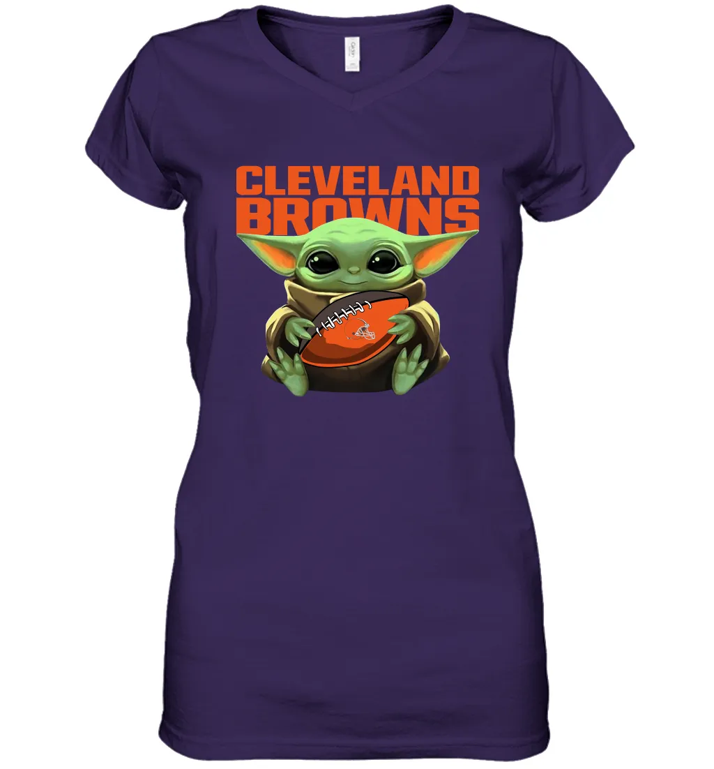 Baby Yoda Loves The Cleveland Browns Star Wars Baby Yoda Hugs Browns NFL Womens V-Neck T-Shirt