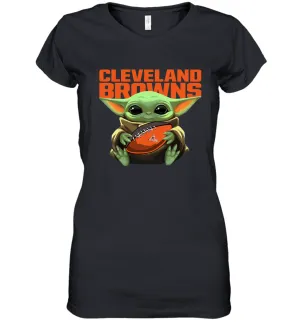 Baby Yoda Loves The Cleveland Browns Star Wars Baby Yoda Hugs Browns NFL Womens V-Neck T-Shirt