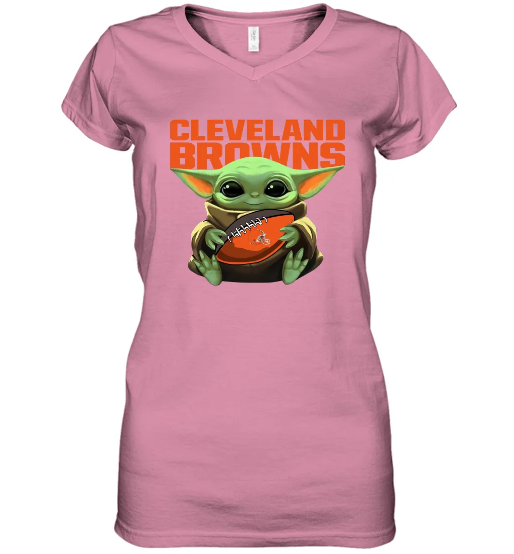 Baby Yoda Loves The Cleveland Browns Star Wars Baby Yoda Hugs Browns NFL Womens V-Neck T-Shirt