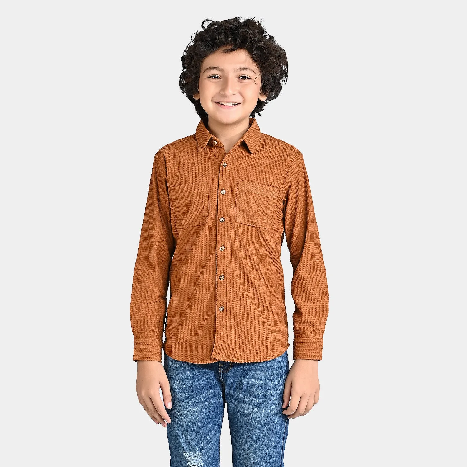 Boys Corduroy Casual Shirt F/S (Here comes fun)-BROWN