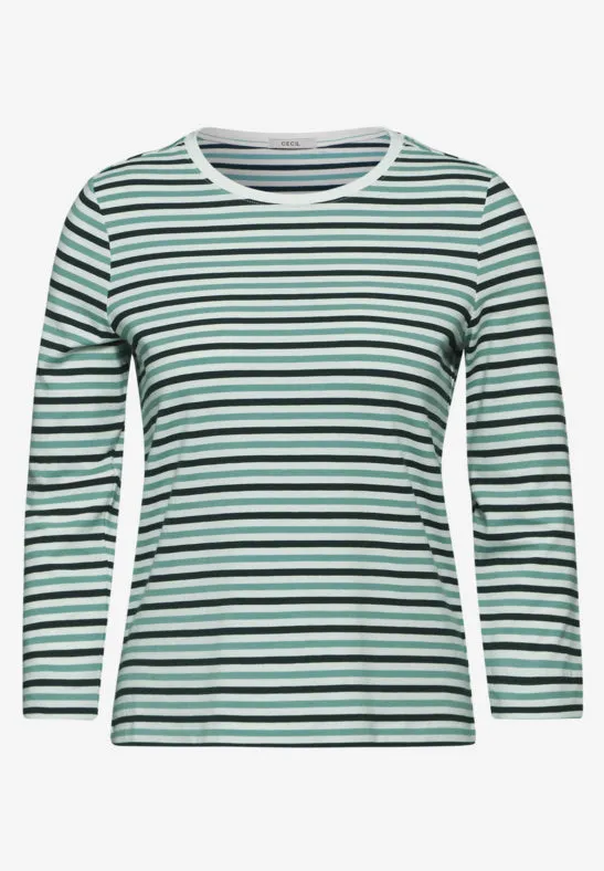 Cecil Cotton Round neck stripe top in green navy stripe  321931