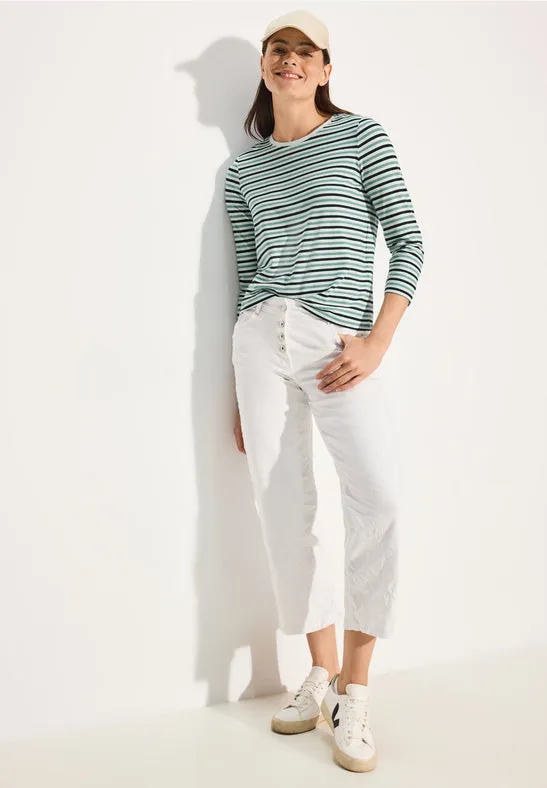 Cecil Cotton Round neck stripe top in green navy stripe  321931