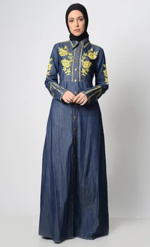 Contrast Embroidered Denim Abaya - Final Sale