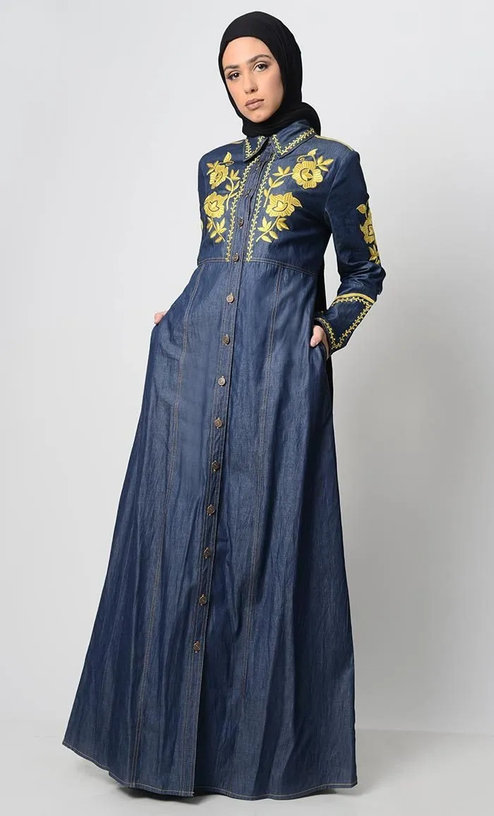 Contrast Embroidered Denim Abaya