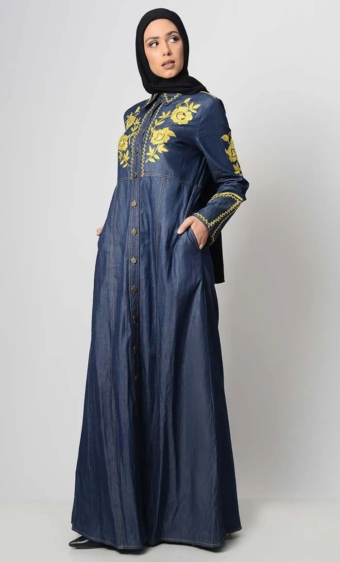 Contrast Embroidered Denim Abaya