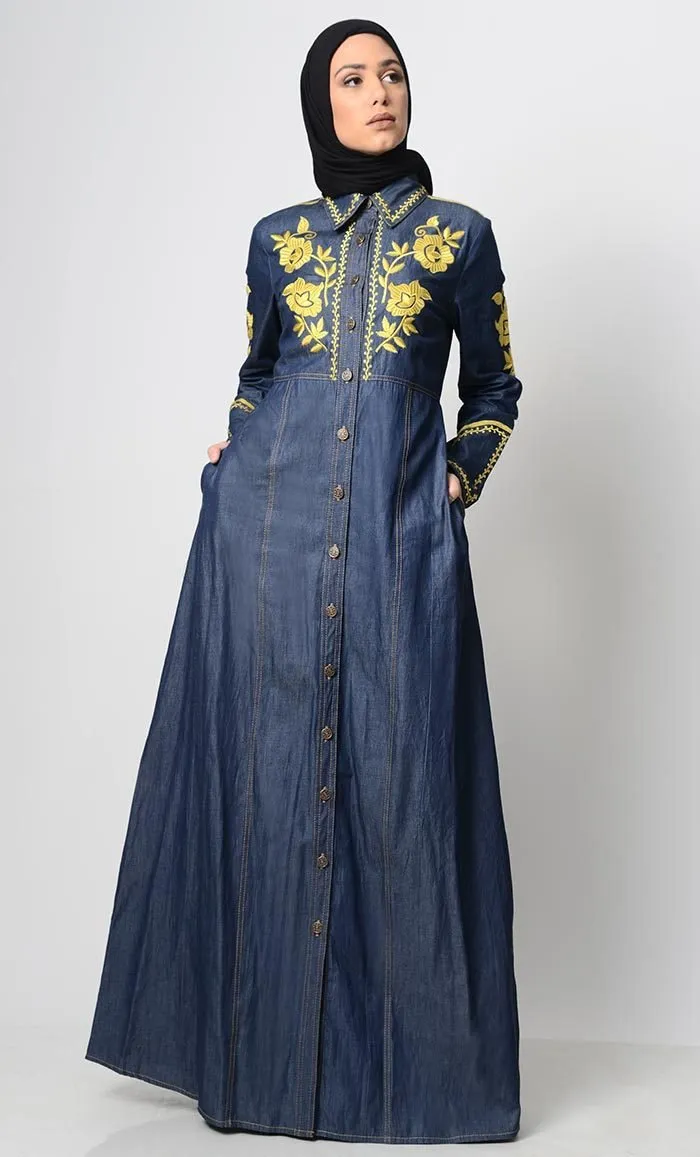 Contrast Embroidered Denim Abaya