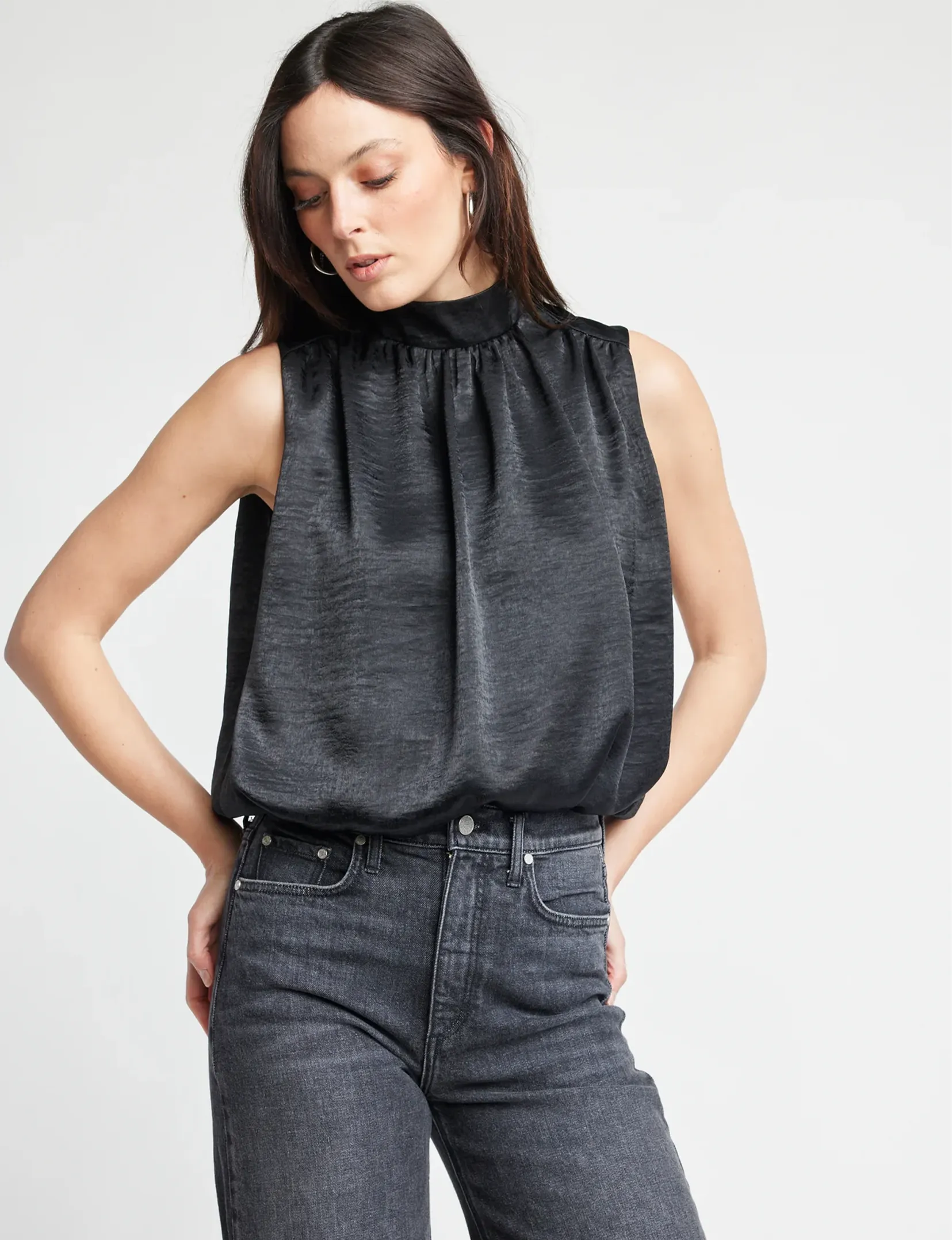 Cora Sleeveless Blouse, Black Satin