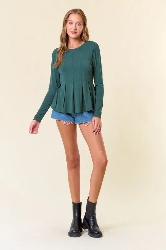 Dk.Hunter Green Soft Fleece Knit Round Neck Pintuck Peplum Top