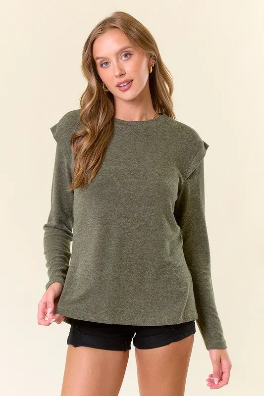 Dk.Olive Soft Hairy Knit Banded Long Sleeve Top