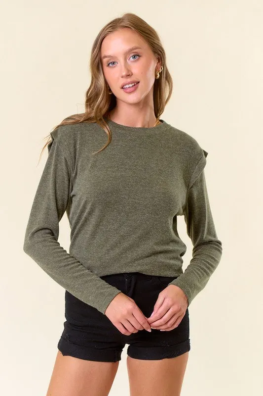 Dk.Olive Soft Hairy Knit Banded Long Sleeve Top