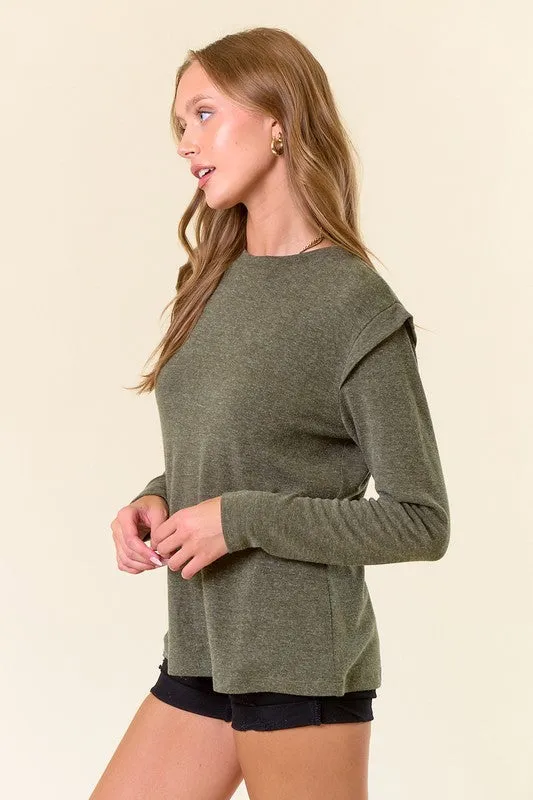 Dk.Olive Soft Hairy Knit Banded Long Sleeve Top