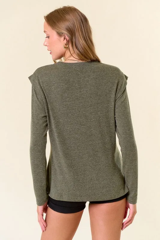 Dk.Olive Soft Hairy Knit Banded Long Sleeve Top