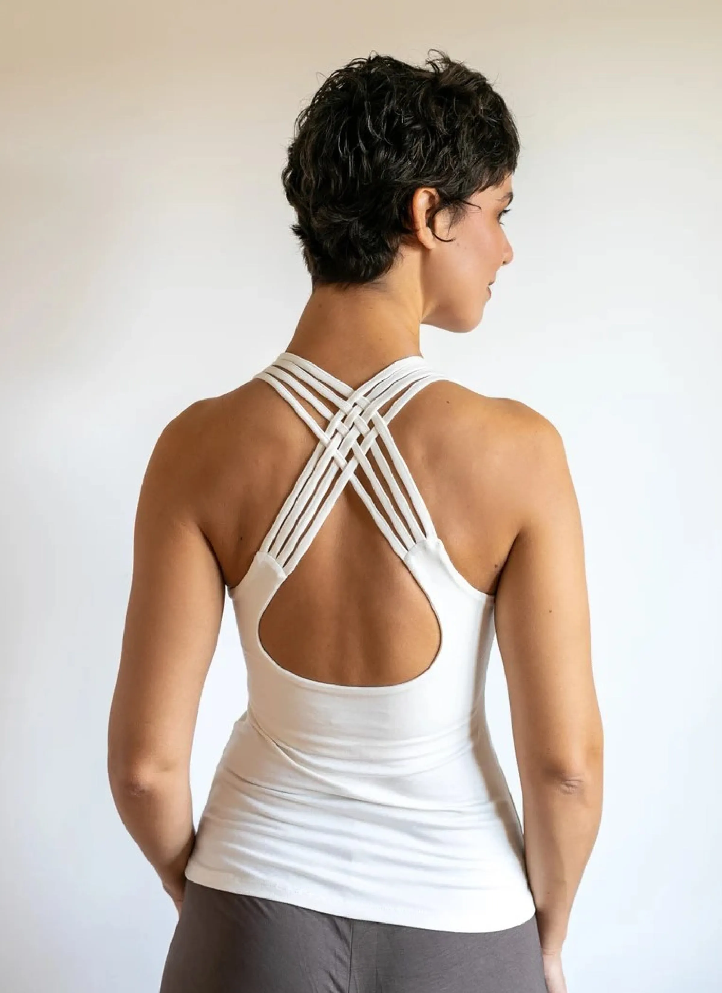 Faith Strappy Yoga Tank Top with Built in Bra in White