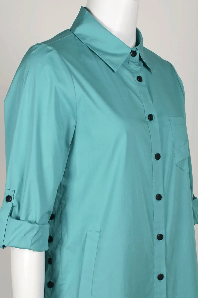 Flair Collared Button-Down Button Side 2 Way Sleeve Pockets Solid Cotton Blend Shirt