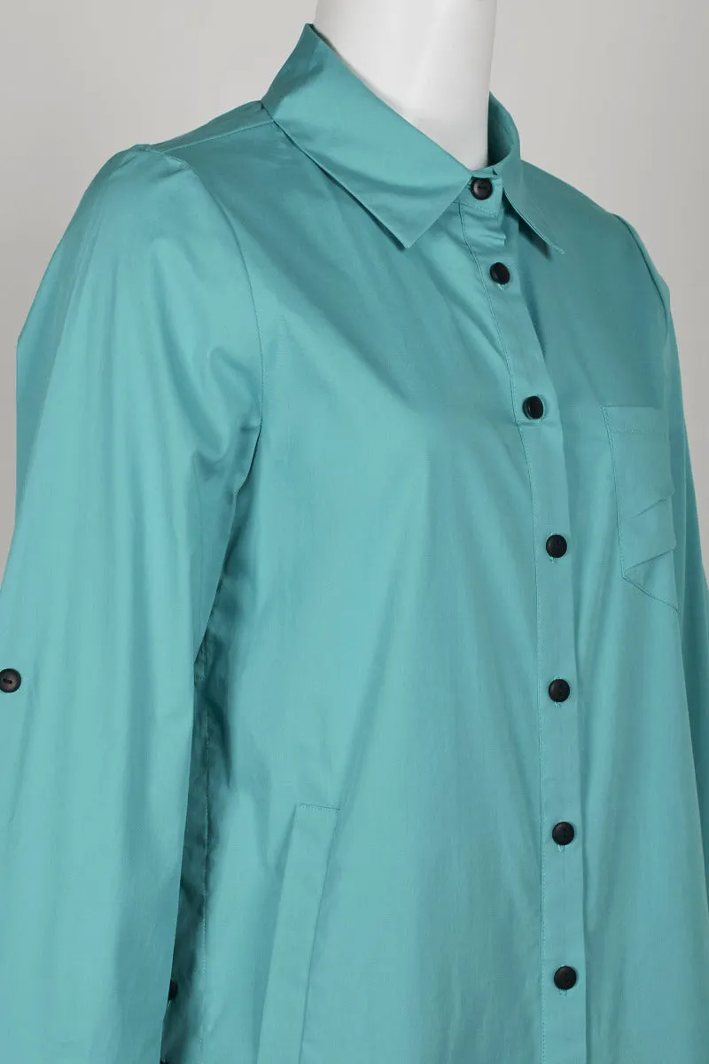 Flair Collared Button-Down Button Side 2 Way Sleeve Pockets Solid Cotton Blend Shirt