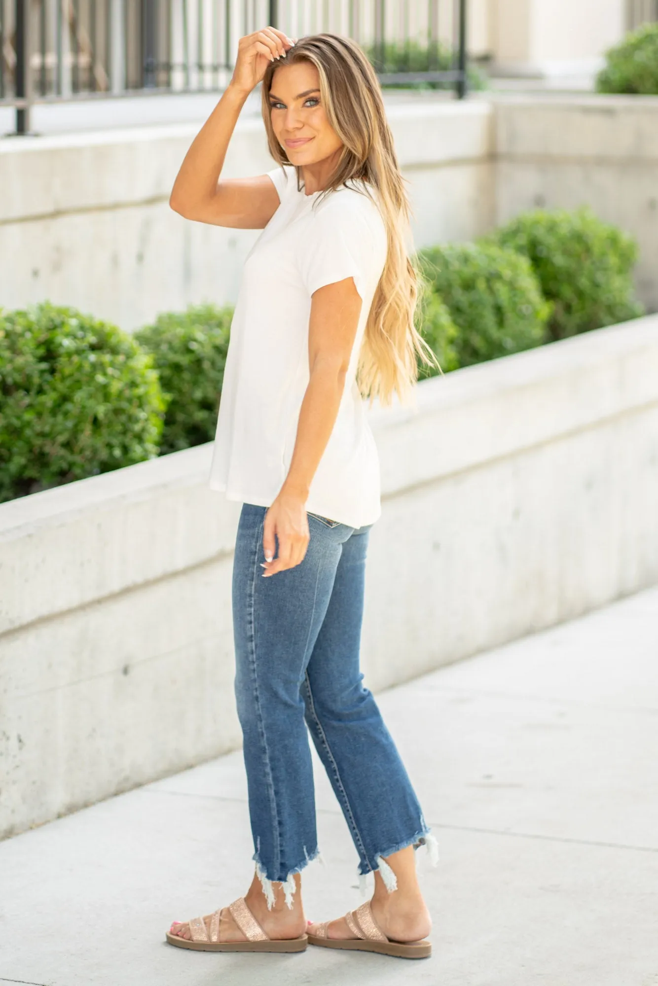 Flowy Round Hem Rayon Short Sleeve Top Ivory