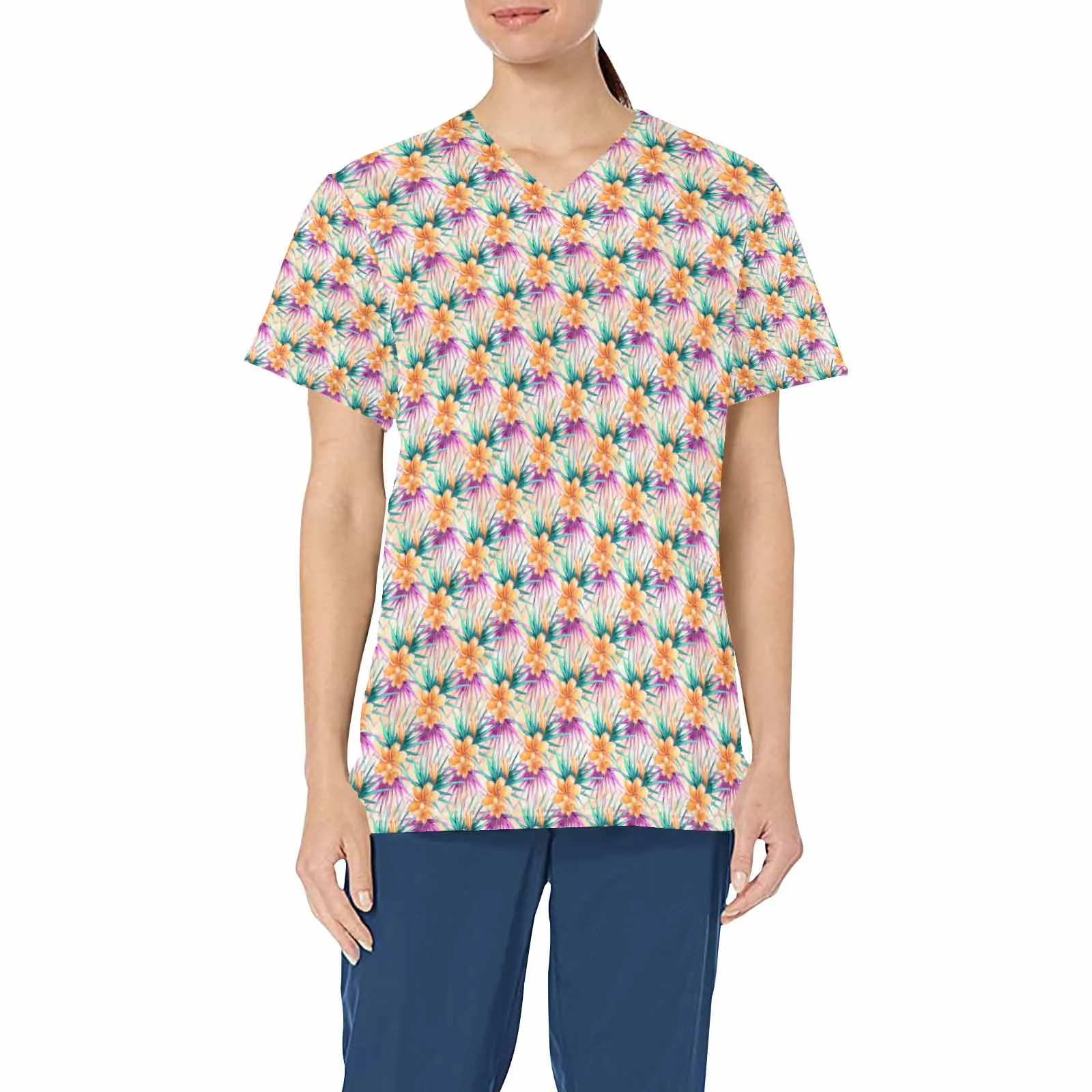 Frangipani and Leaves  Women's V Neck Scrub Top Nurse Uniform with Deep Front Pockets