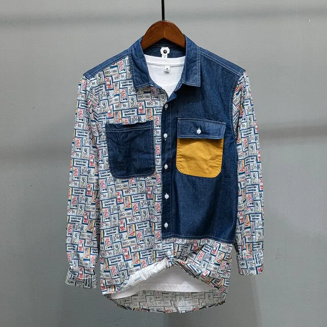 Fun Plate Numbers Denim Patchwork Shirt