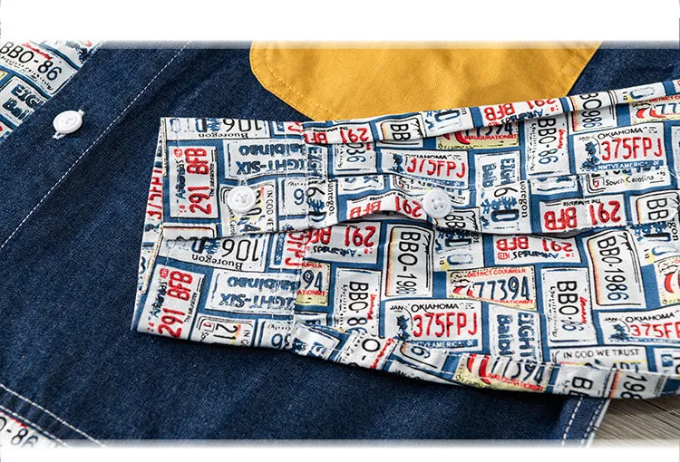 Fun Plate Numbers Denim Patchwork Shirt