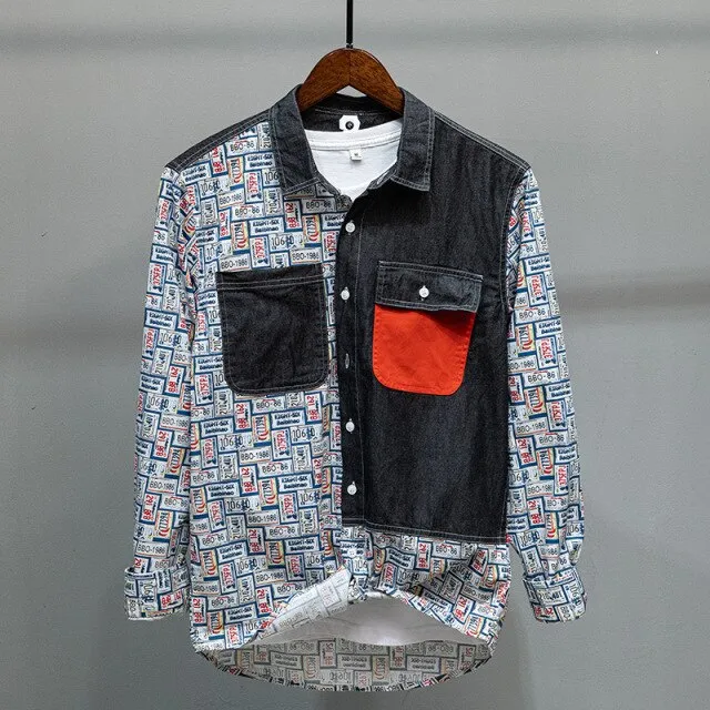 Fun Plate Numbers Denim Patchwork Shirt