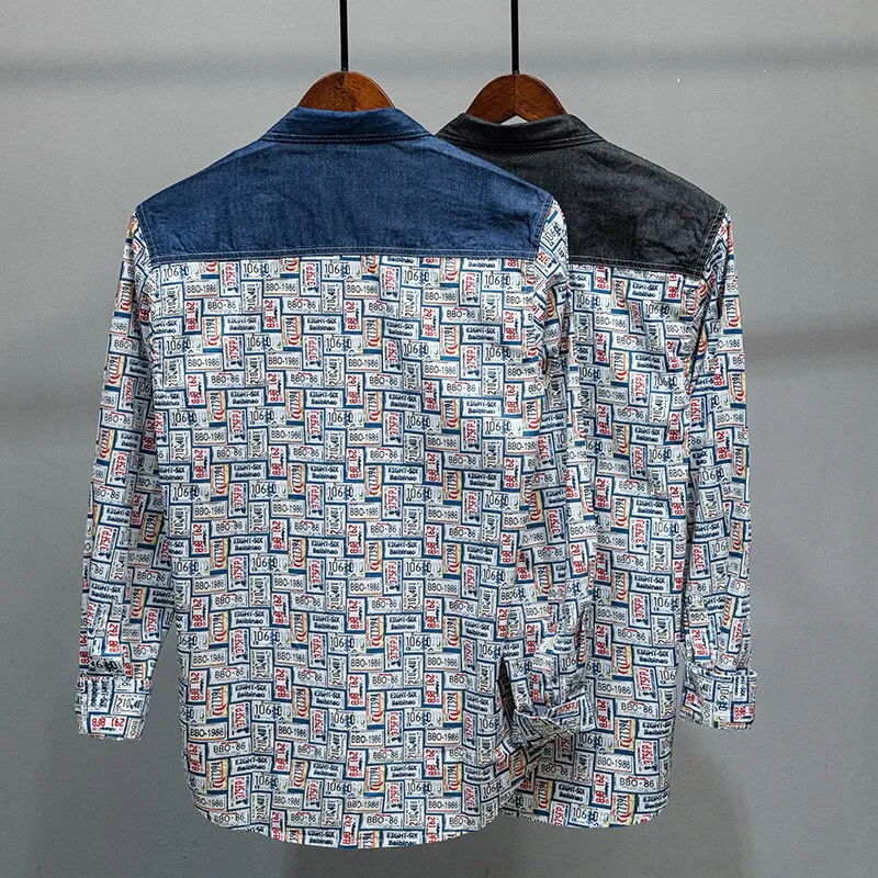 Fun Plate Numbers Denim Patchwork Shirt