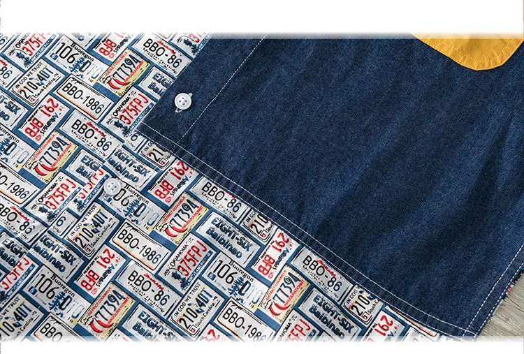 Fun Plate Numbers Denim Patchwork Shirt