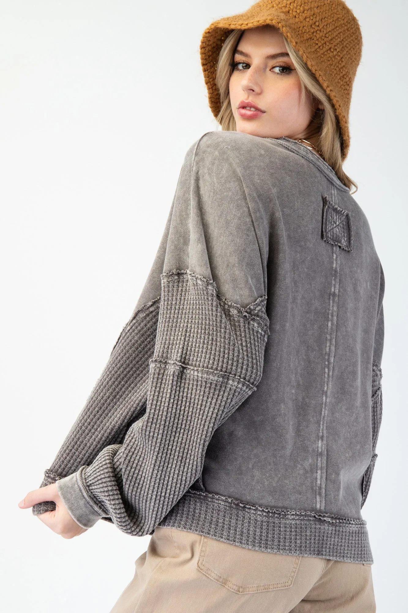 Grey Mineral Wash Mix Knit Terry Top