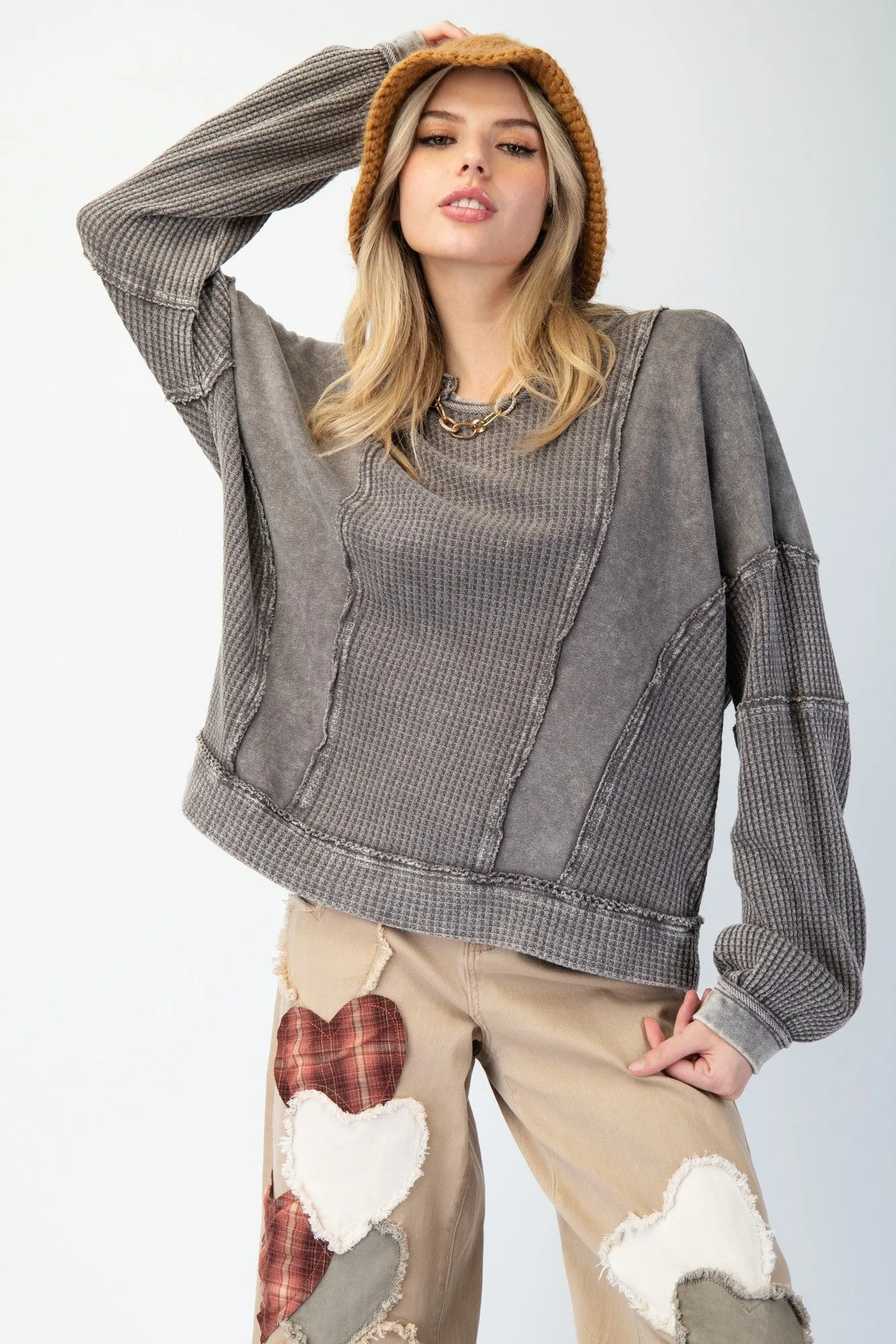 Grey Mineral Wash Mix Knit Terry Top