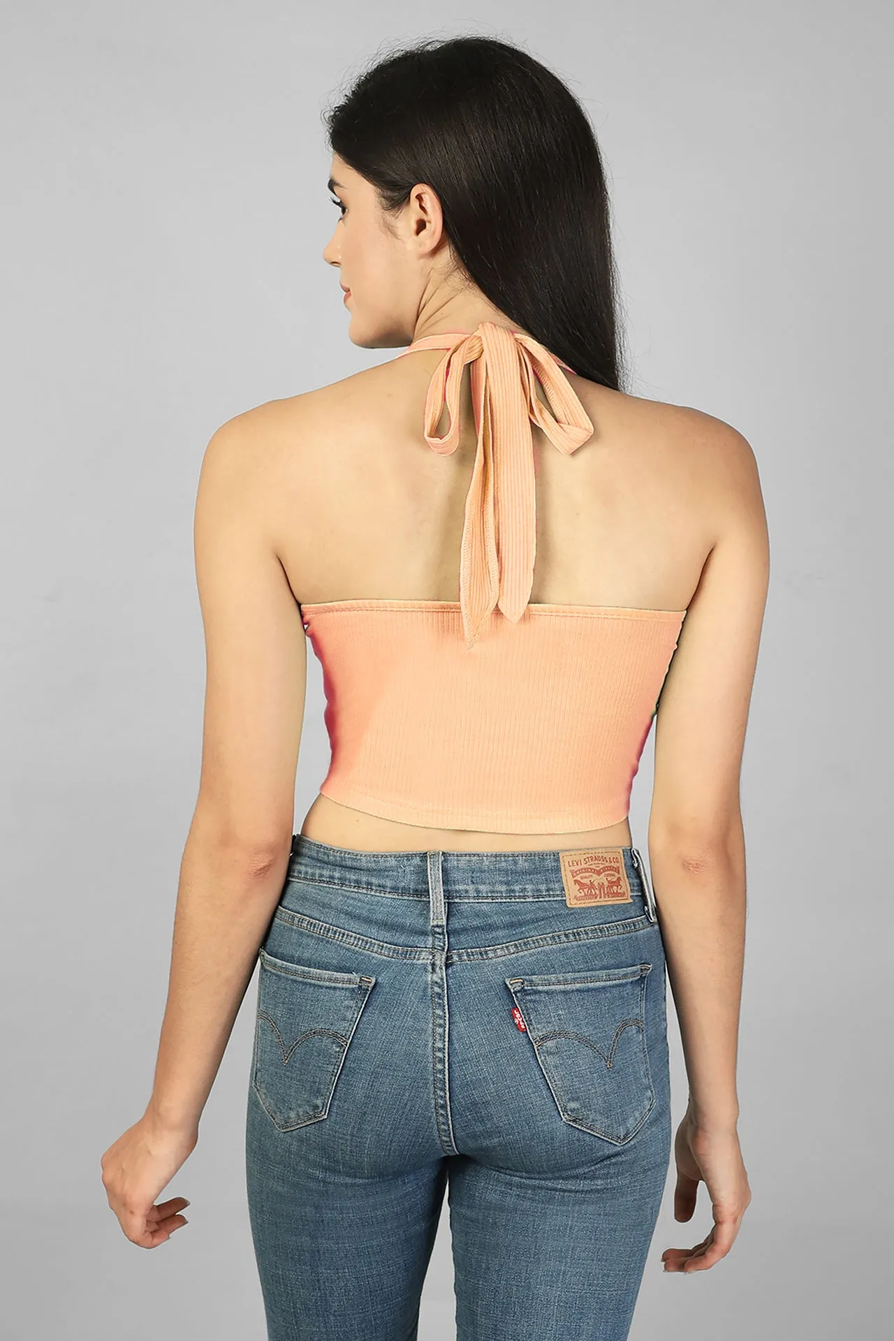 Halter Neck Back Tie-Up Ribbed Crop Top