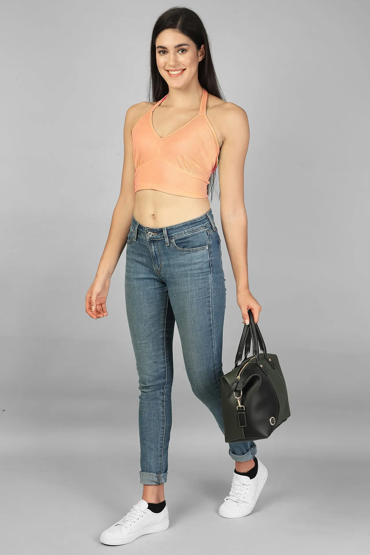 Halter Neck Back Tie-Up Ribbed Crop Top