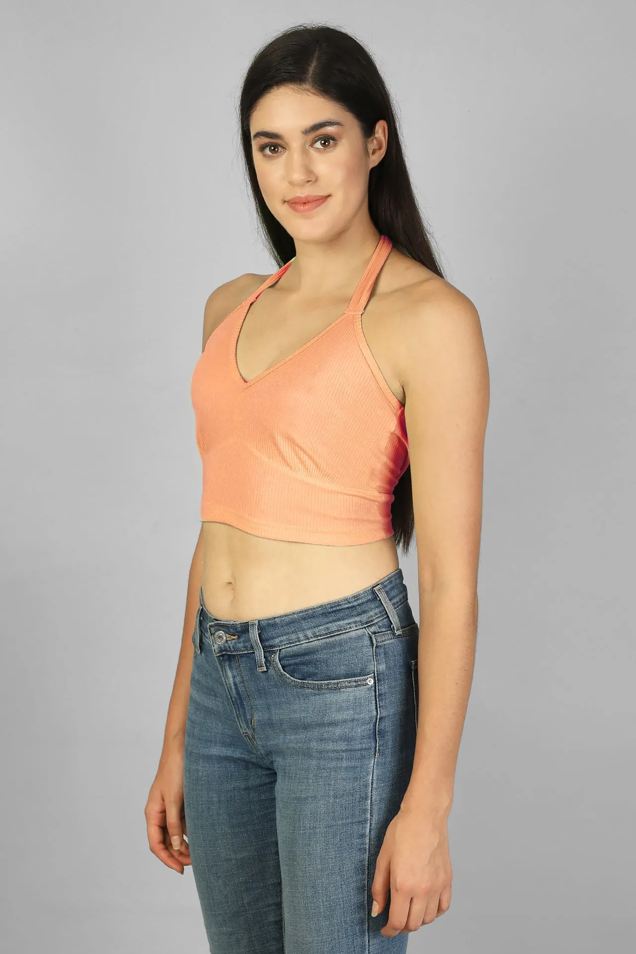 Halter Neck Back Tie-Up Ribbed Crop Top