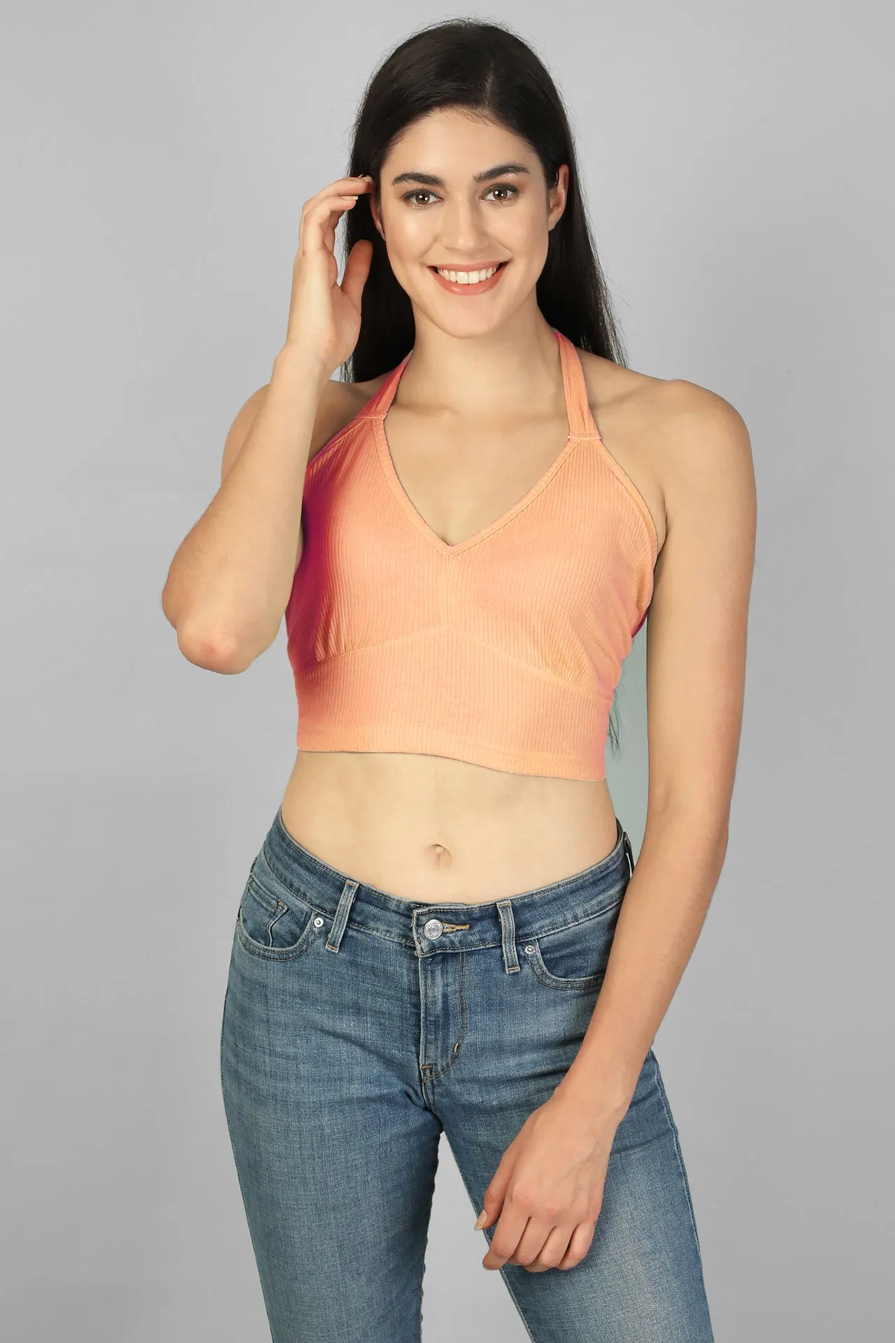 Halter Neck Back Tie-Up Ribbed Crop Top