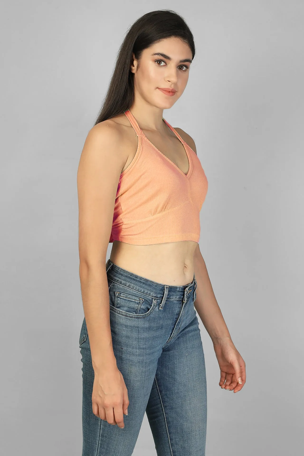 Halter Neck Back Tie-Up Ribbed Crop Top