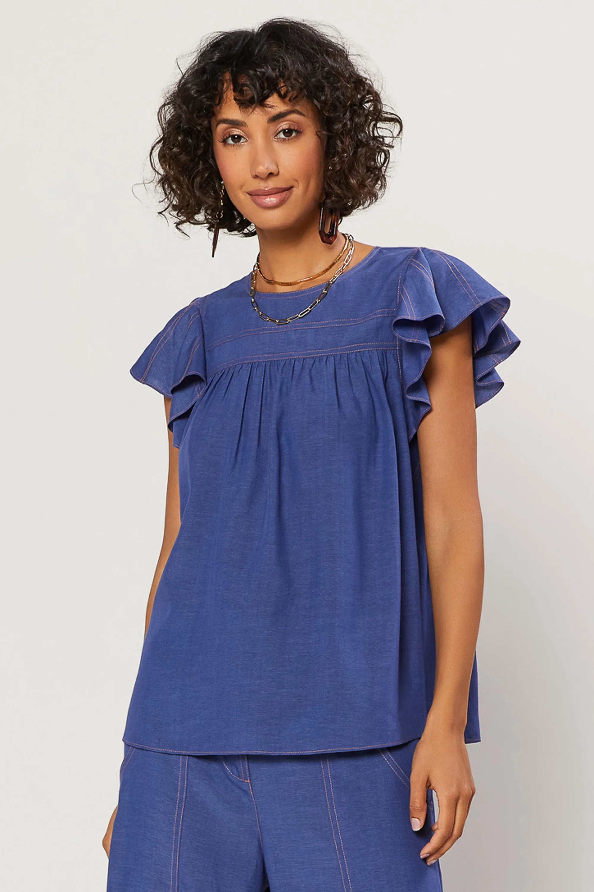 Indigo Ruffled Sleeve Top