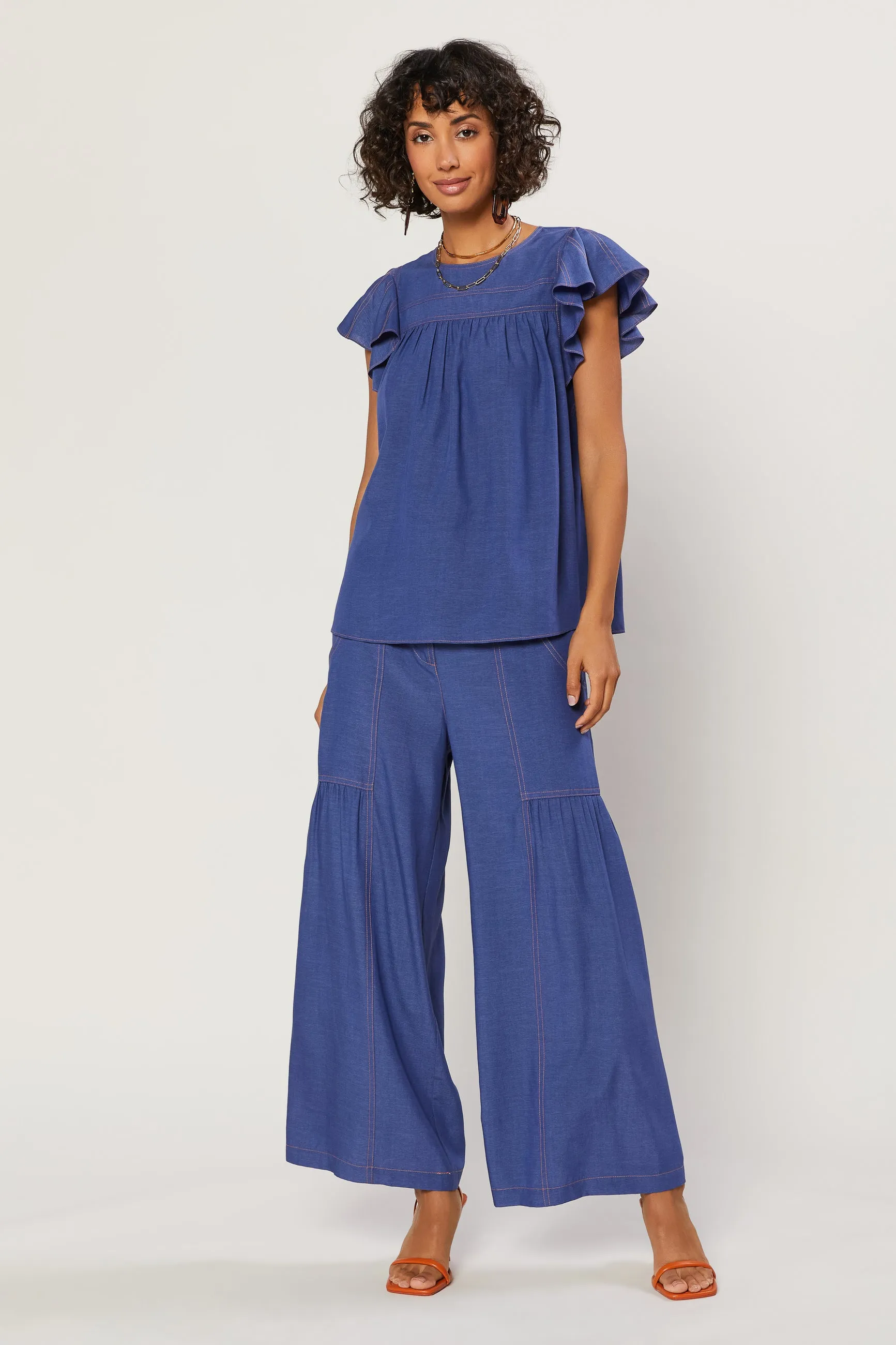 Indigo Ruffled Sleeve Top