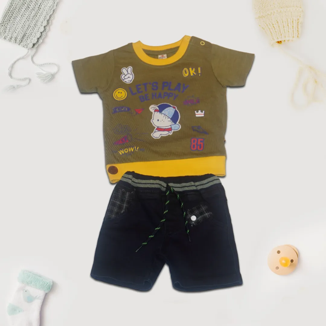 Khaki and Blue Printed Kids T-Shirt and Short Set