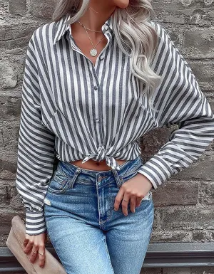 Lapel Stripe Stitching Button Long Sleeve Shirt