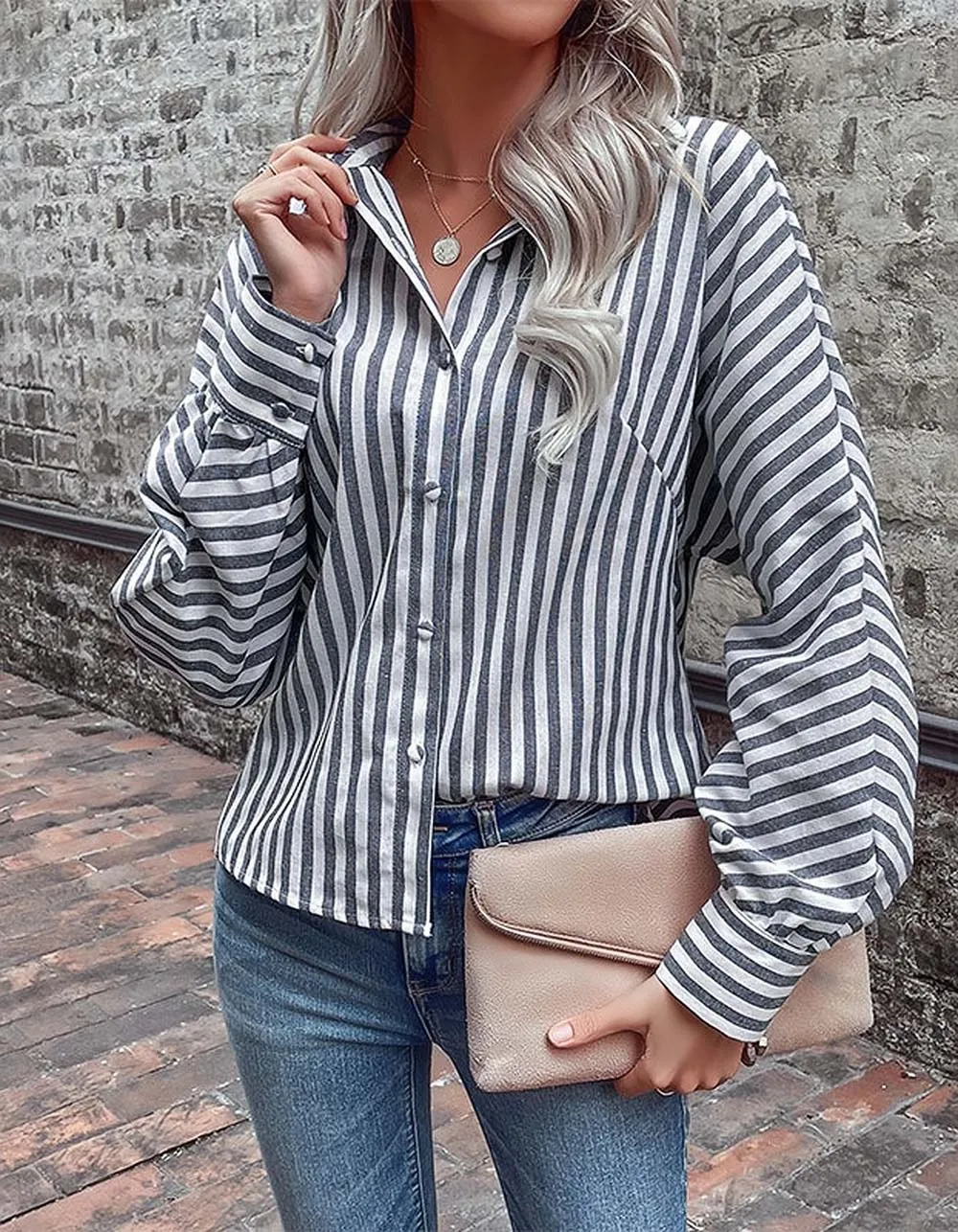 Lapel Stripe Stitching Button Long Sleeve Shirt