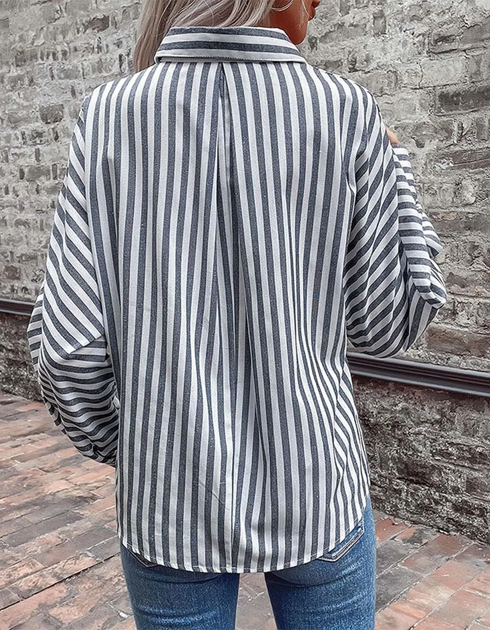 Lapel Stripe Stitching Button Long Sleeve Shirt