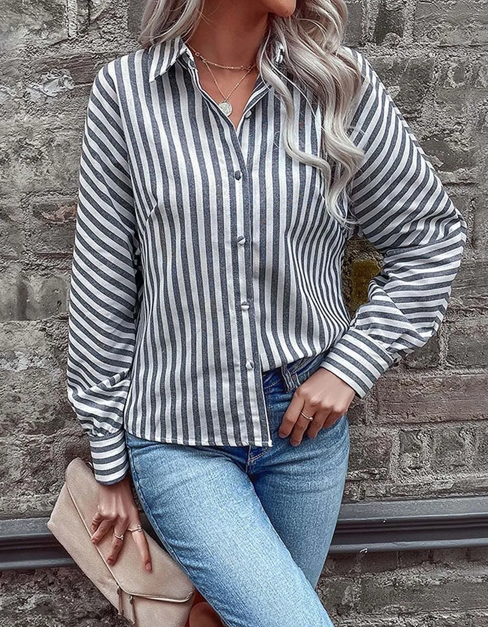 Lapel Stripe Stitching Button Long Sleeve Shirt