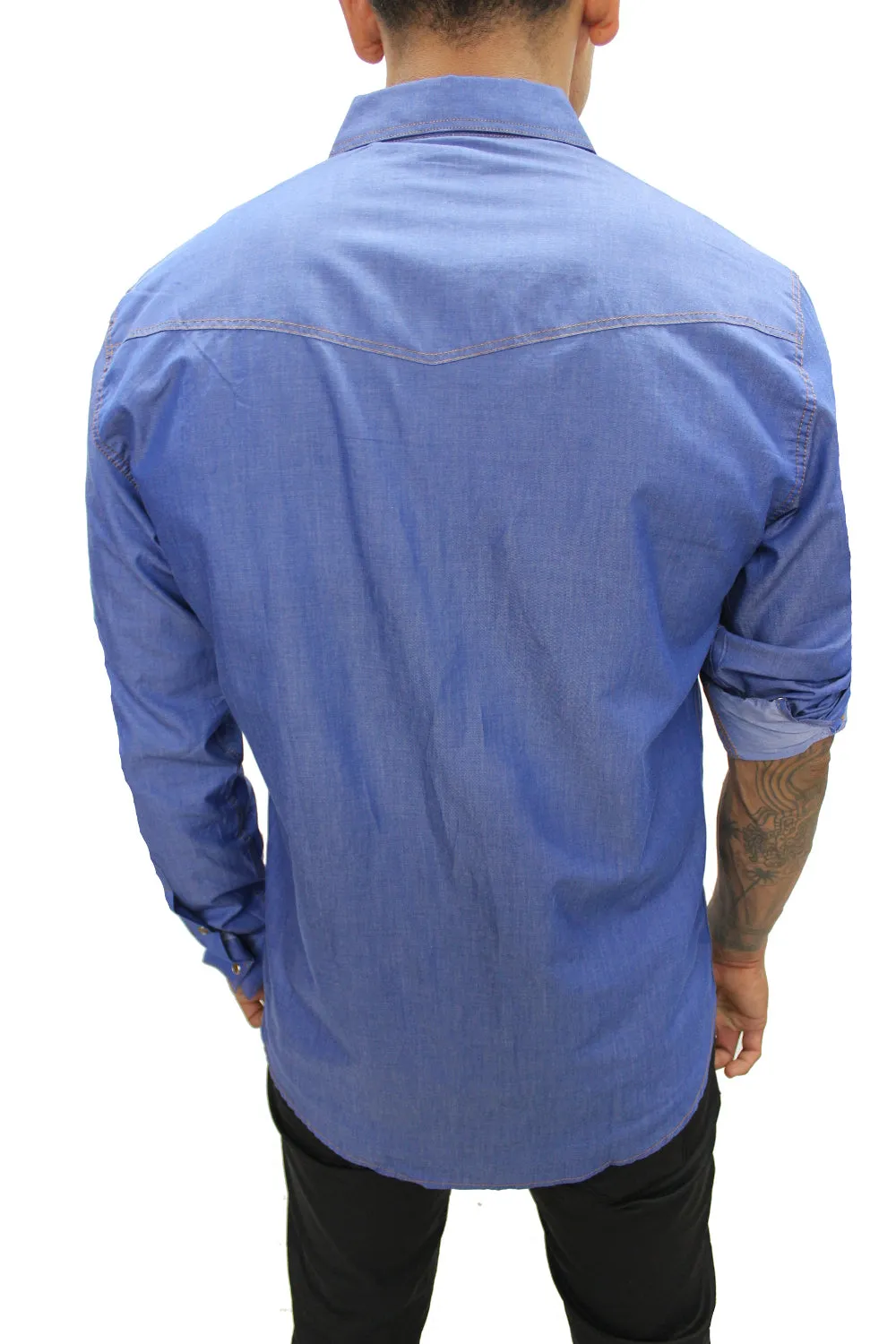 [Leo] Light Blue Long Sleeve Denim Shirt with Snap Button