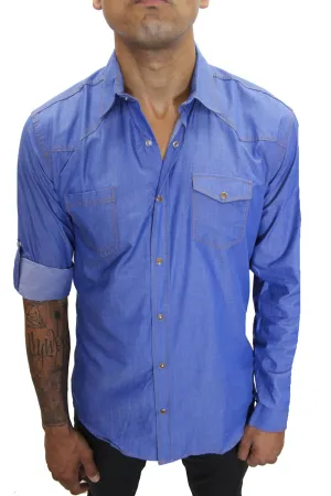 [Leo] Light Blue Long Sleeve Denim Shirt with Snap Button