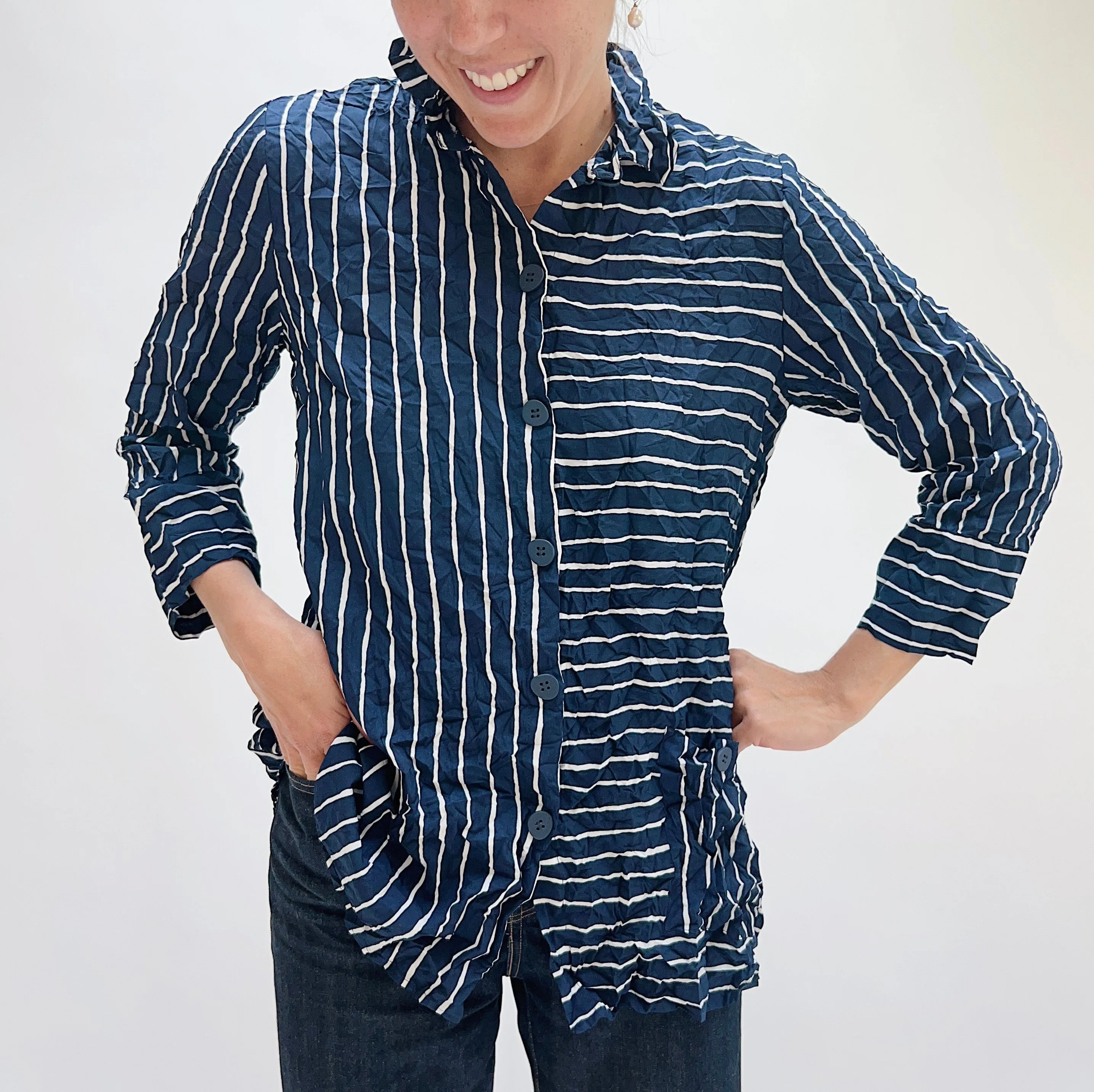 Liv by Habitat | Crinkle Pocket Button Down in Navy Pinstripe