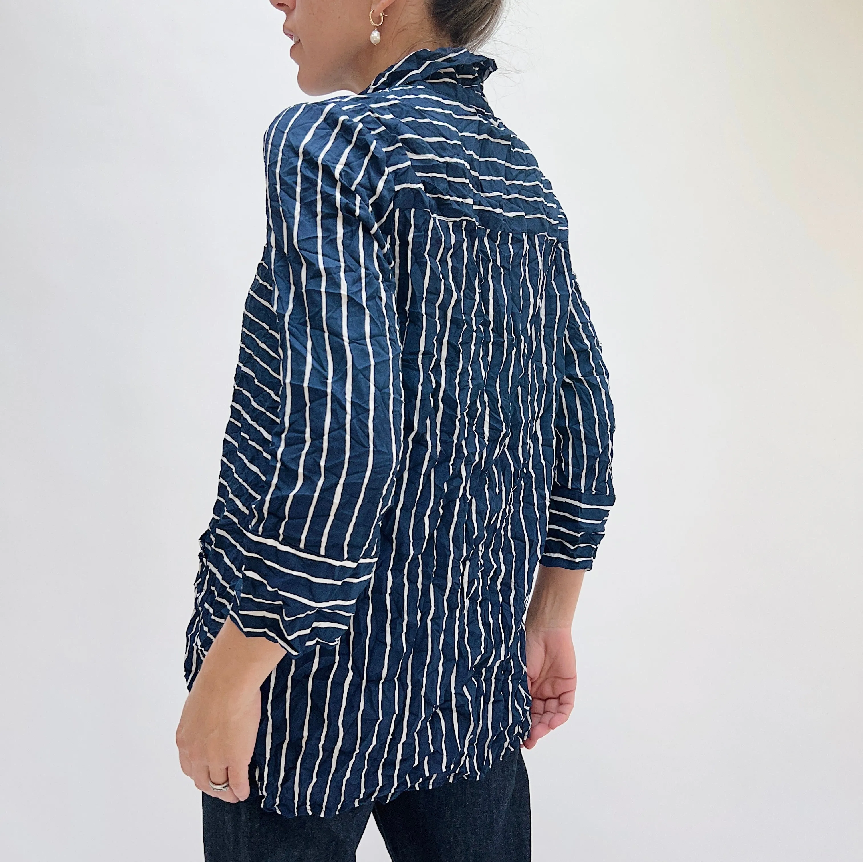 Liv by Habitat | Crinkle Pocket Button Down in Navy Pinstripe