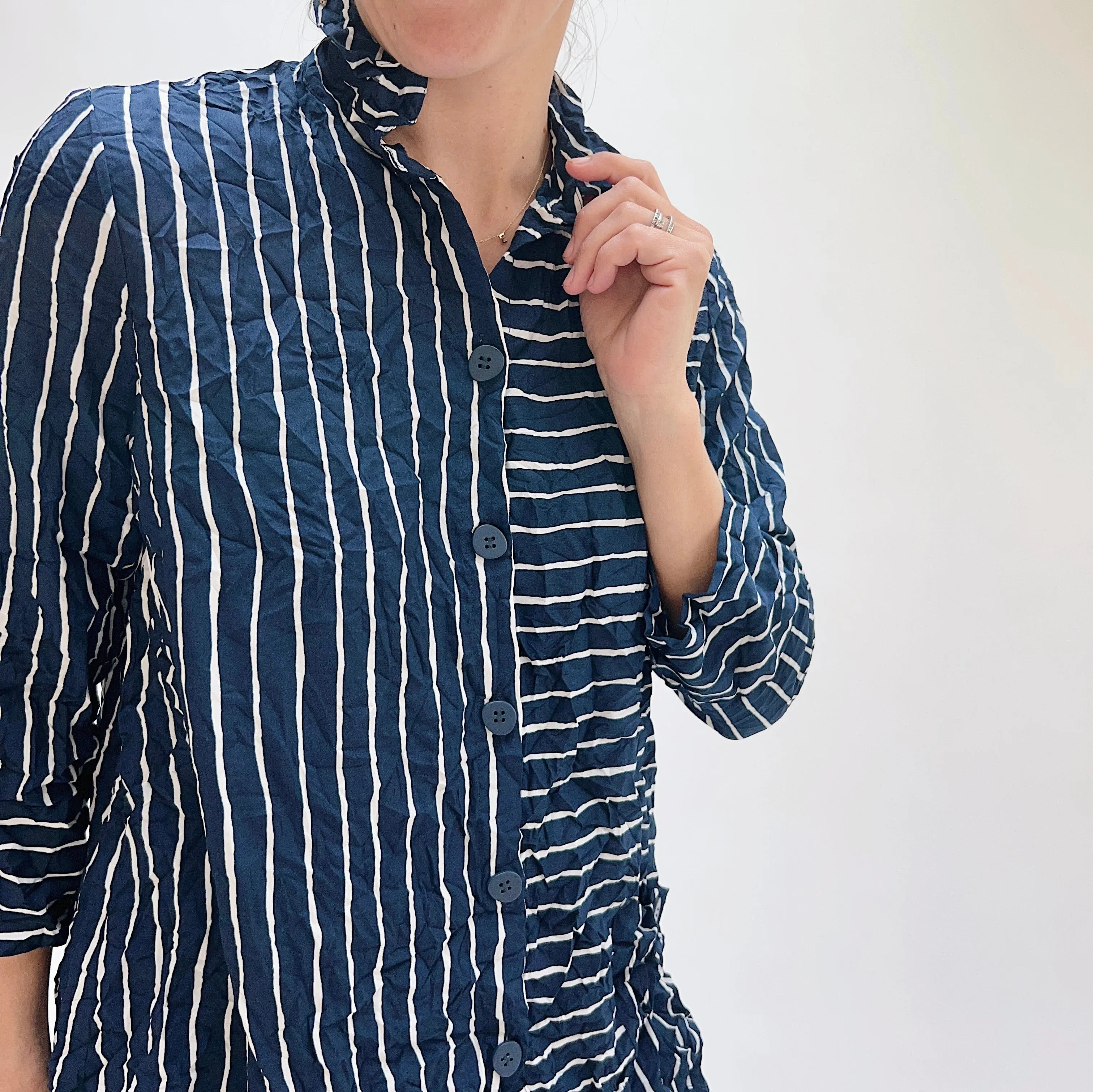 Liv by Habitat | Crinkle Pocket Button Down in Navy Pinstripe