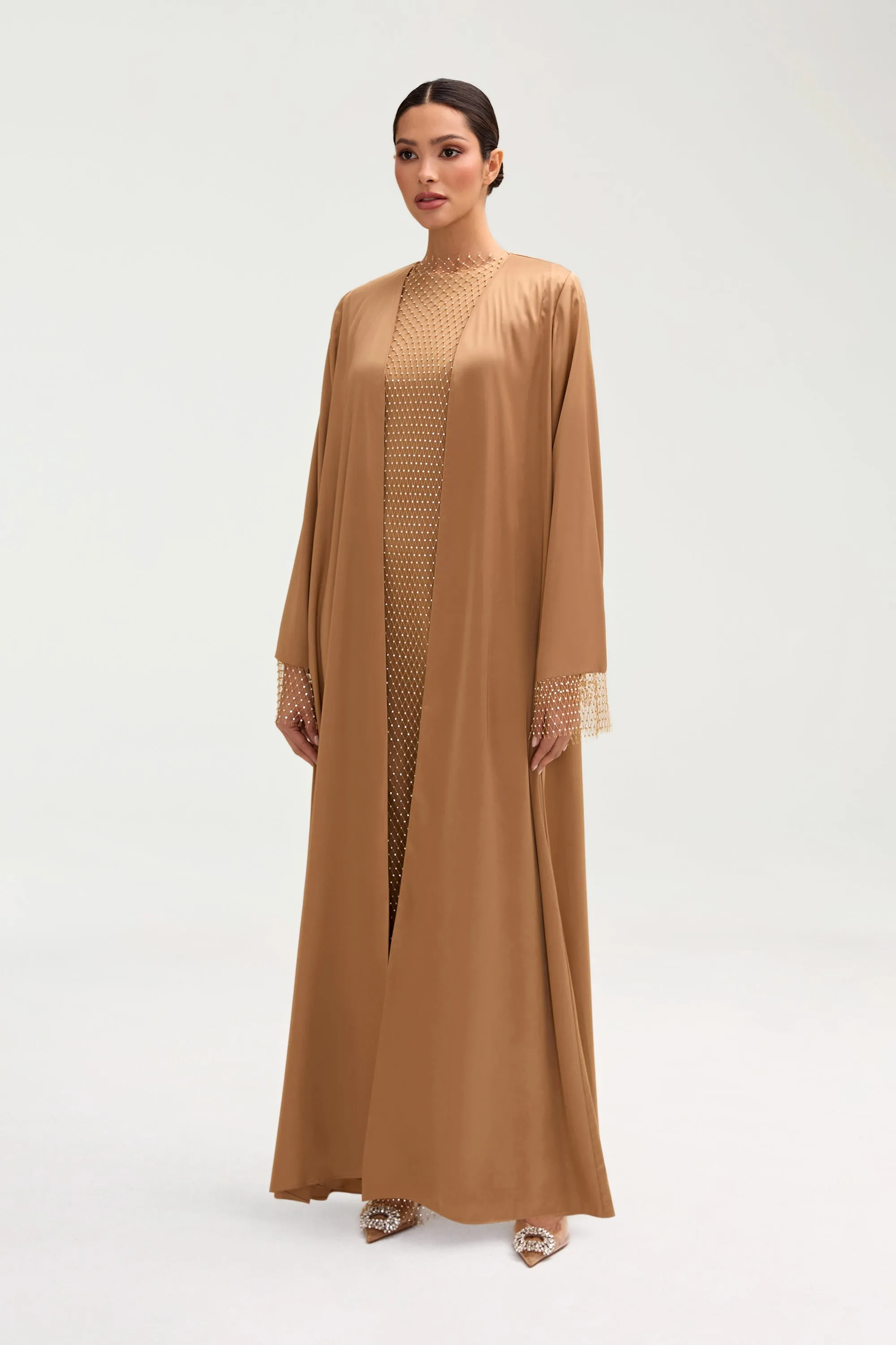 Lyana Crystal Mesh Satin Abaya - Champagne