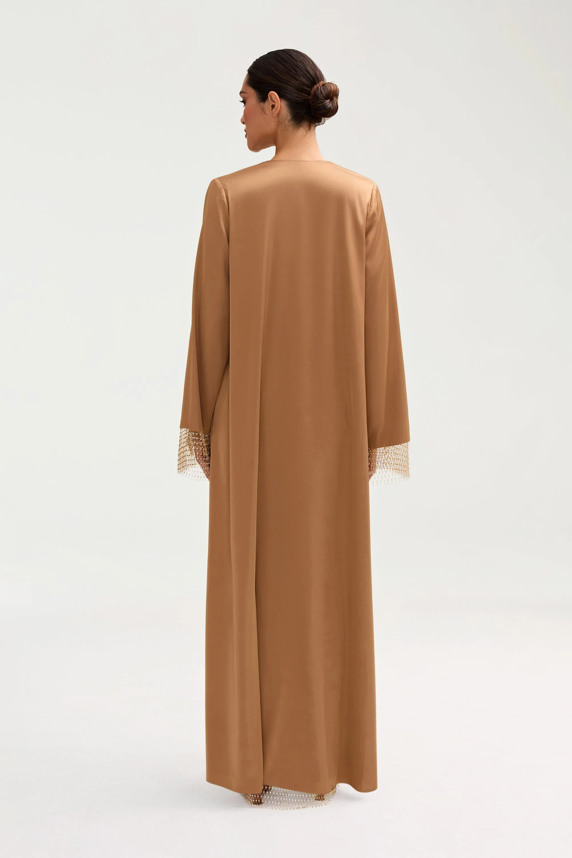 Lyana Crystal Mesh Satin Abaya - Champagne