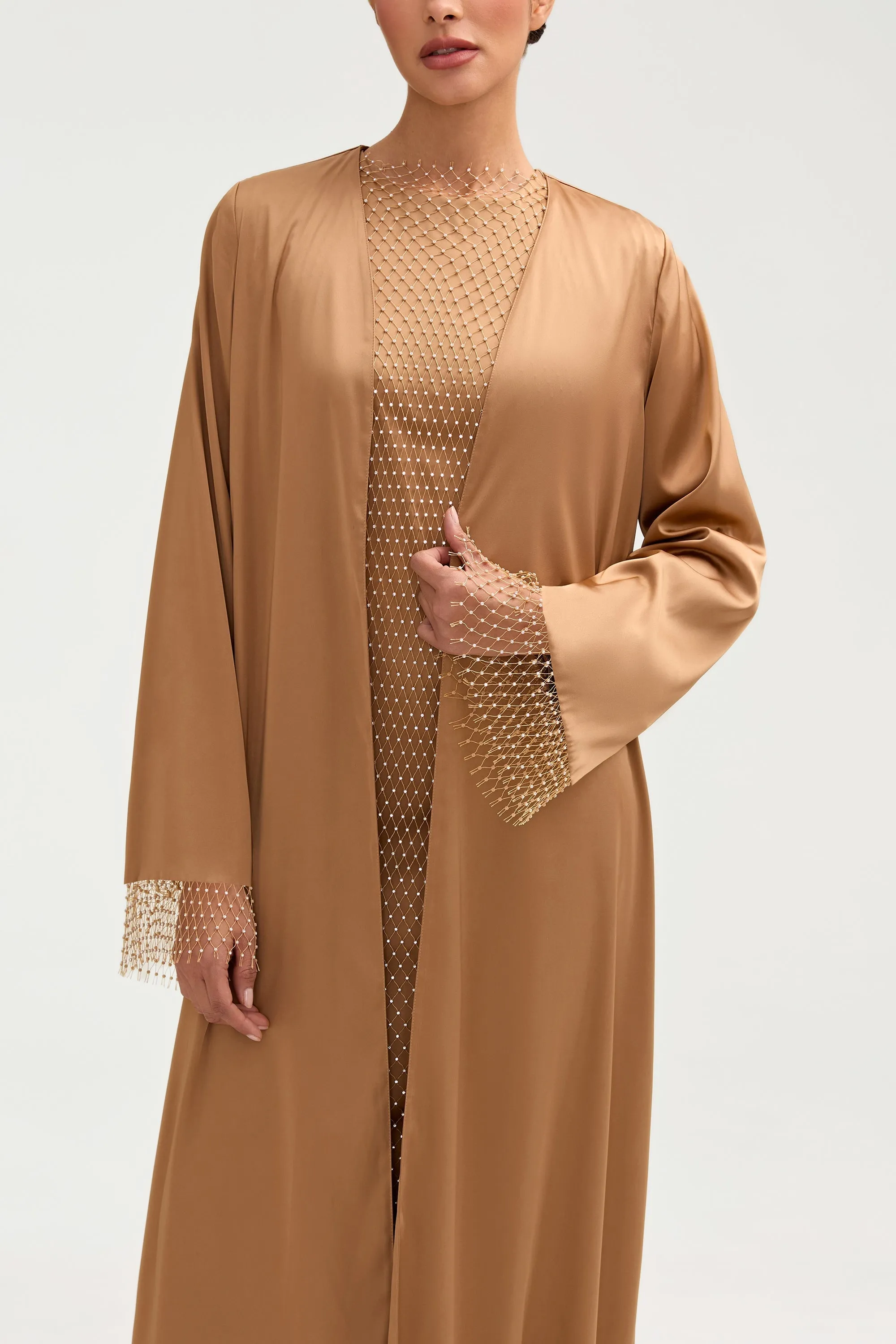 Lyana Crystal Mesh Satin Abaya - Champagne